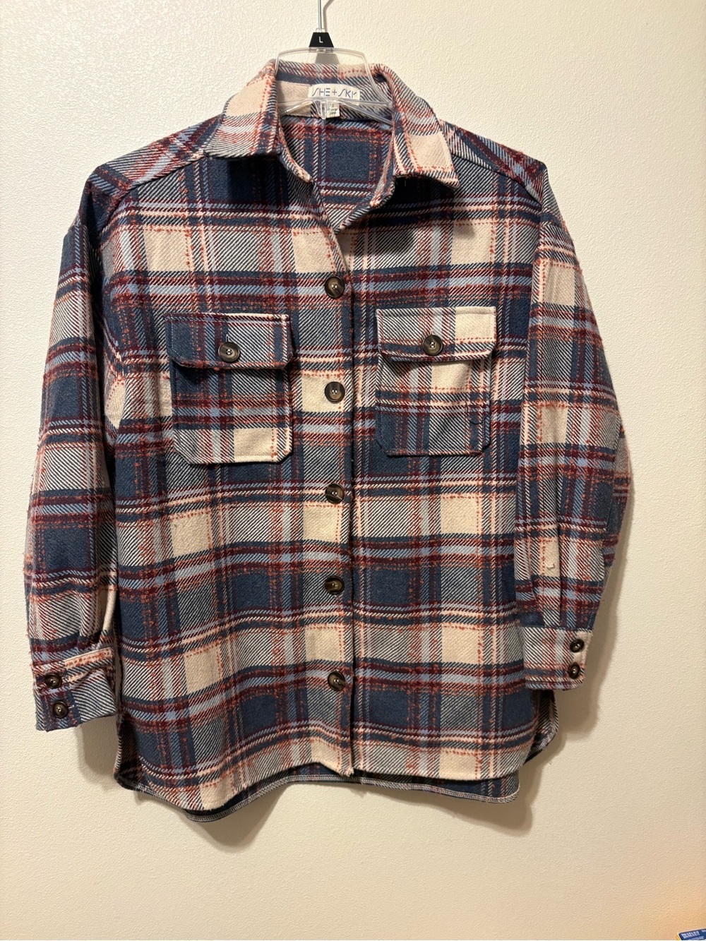 Women’s Plaid Button-Up Shacket — Blue & Cream